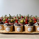 Charcuterie cups with meat, cheeses, fruit, nuts, olives, pickles and accompaniments in a single-serve cup. 9 oz. option.